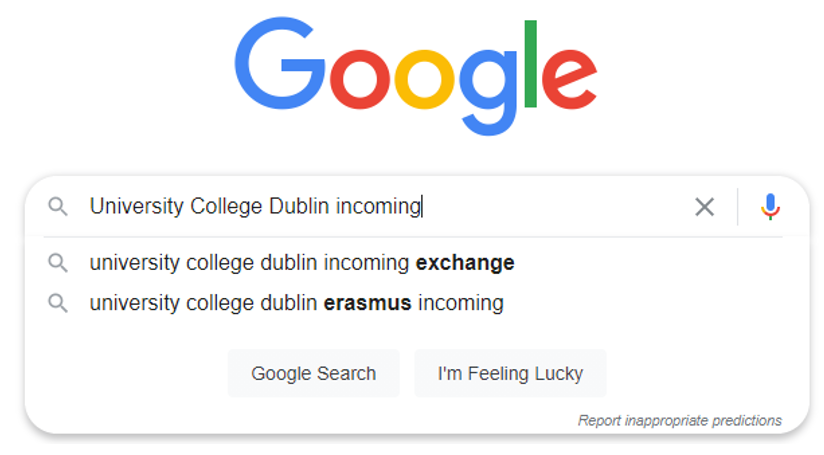 Skärmbild på en Google-sökning på University College Dublin där incoming exchange och erasmus incoming ges som automatisk ordkomplettering.